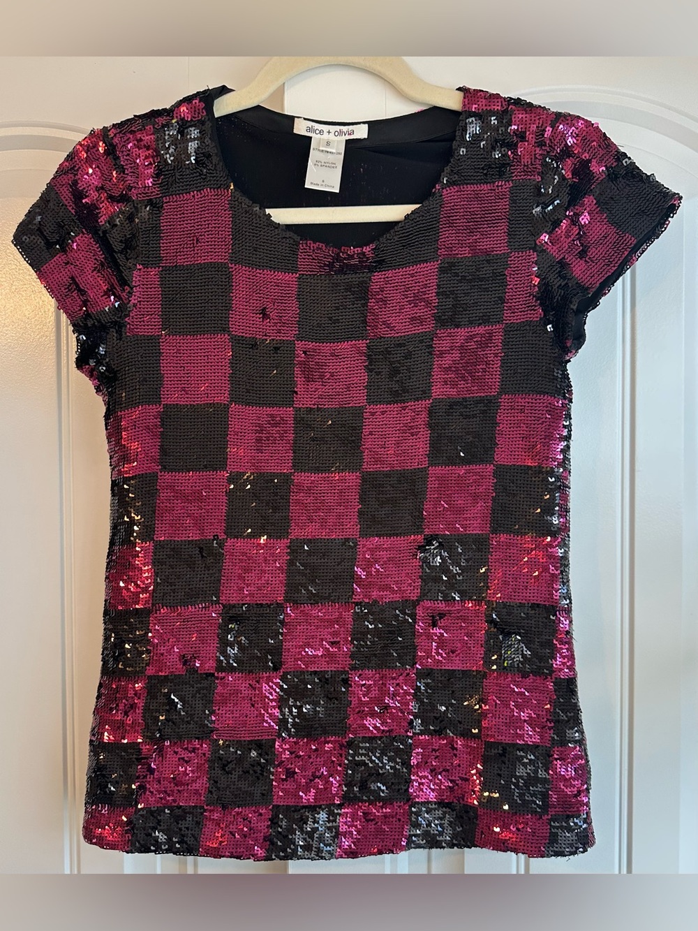 ALICE + OLIVIA Small Pink Black Checkered Sequin Top